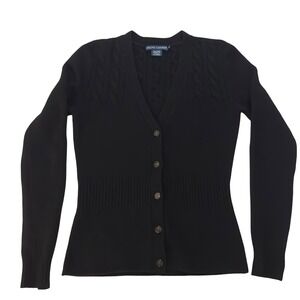 Ralph Lauren Black Cable Knit Wool Cashmere V Neck Button Cardigan Womens Medium